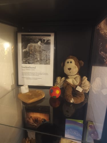 Ein Kunde zeigt das personalisierte Poster in einer Andenkenvitrine neben anderen Erinnerungsstücken für einen Hund.