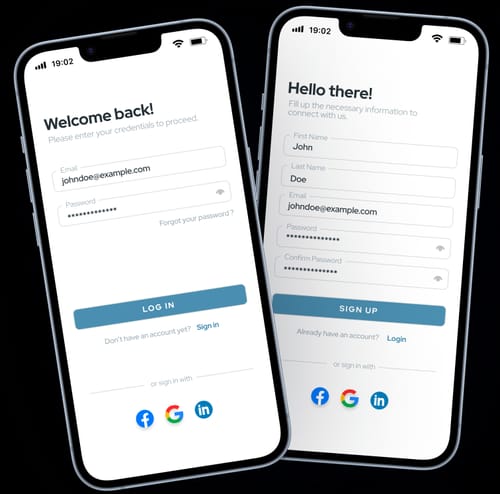 Customer's image showing the login and sign-up screens for a mobile application.