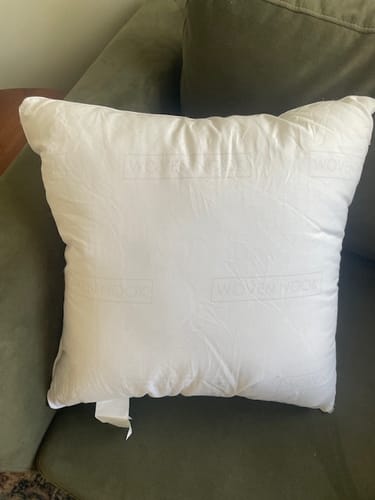 Reviewer's plump, white Premium Faux Down Insert sitting on a green couch.