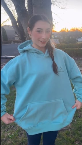 Customer photo review of Coastal Palms Hoodie in Seafoam Blue