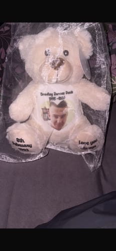Customer photo review of A Cuddle from Heaven Personalised Photo Teddy Bear