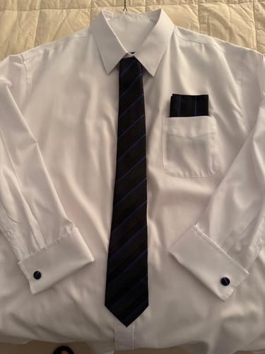 Customer photo review of Ties2you Black Tie Blue Striped Men's Tie Hanky Cufflinks Set