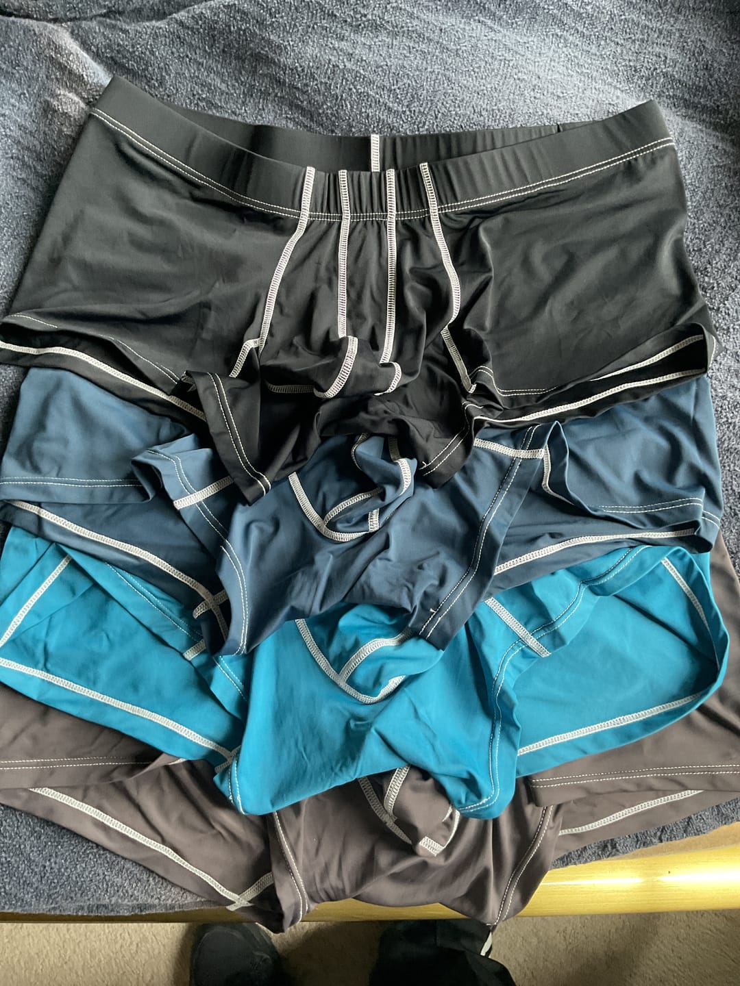 Customer photo review of Nylon 6in Boxer Briefs No Fly 4pk Gunmetal Gray - Stitch White/Cyan/Gray/Silver