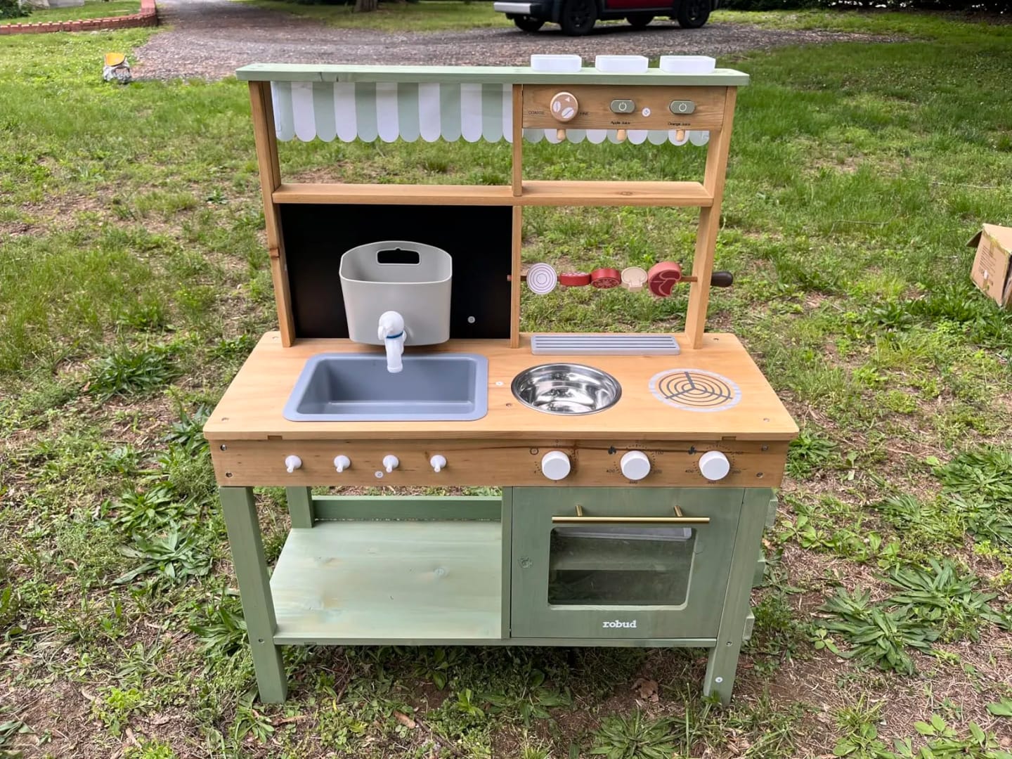 Customer photo review of Wooden Outdoor Mud Play Kitchen – Green