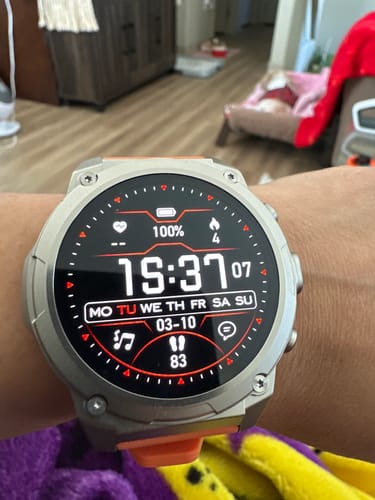 Customer's Gard Pro Ultra 3 smartwatch on their wrist, showing a digital display with 100% battery and health metrics.