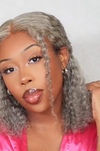 Customer photo review of Luvwin 5x5 Deep Curly Salt And Pepper Glueless Gray Color Pre-Cut Lace Bob Wig