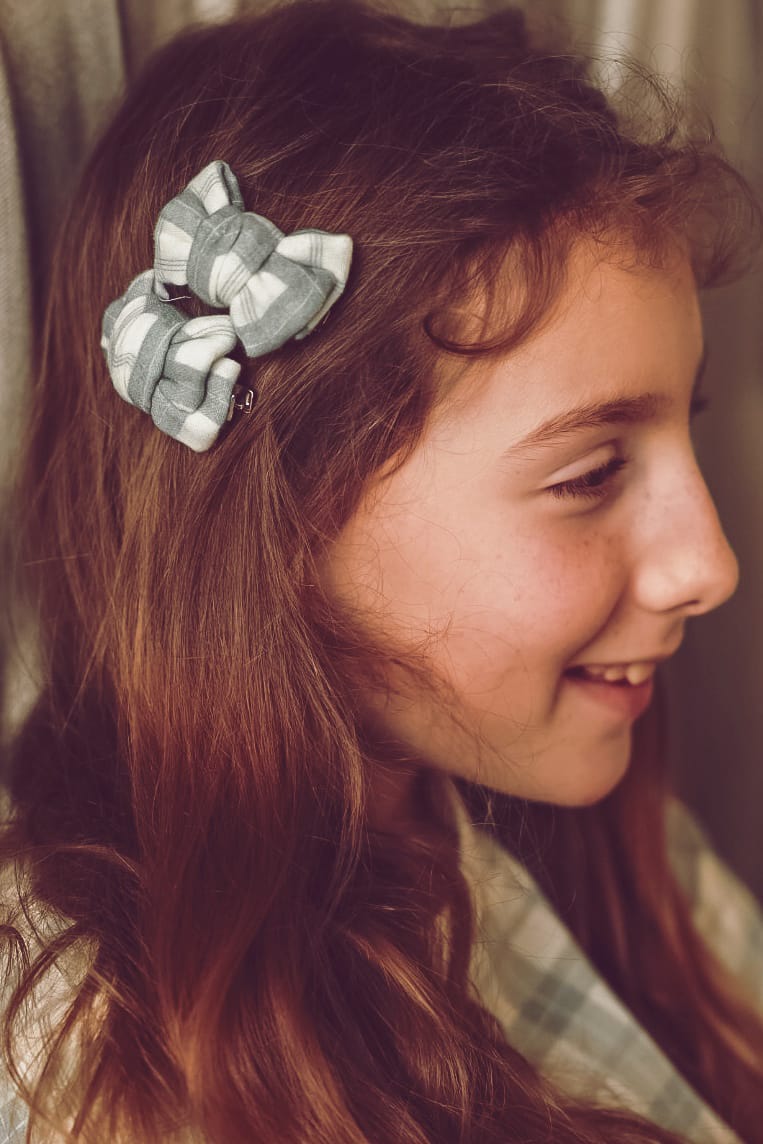 Customer photo review of Pigtail Bow Hair Clips Set of 2 | Organic | Fern Plaid