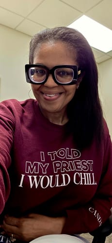 Customer photo review of I Told My Priest I Would Chill Crewneck