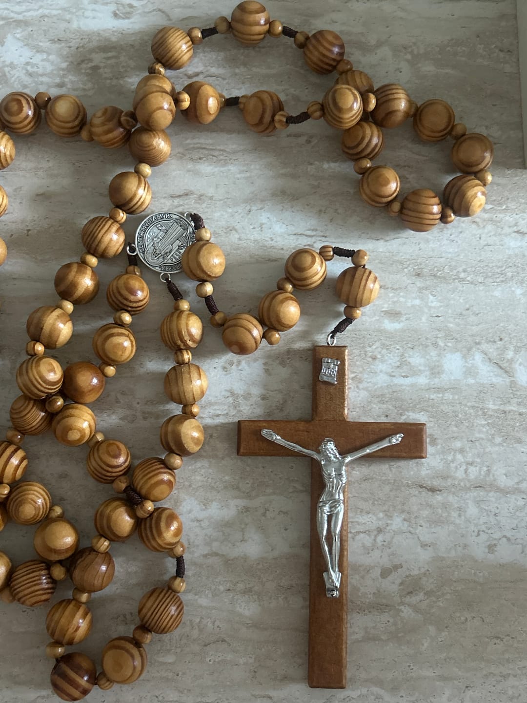 Customer photo review of Christianartworkshop St. Benedict Medal & Crucifix of 15 mm Round Brown Wood Nylon Cord Wall Hanging Rosary