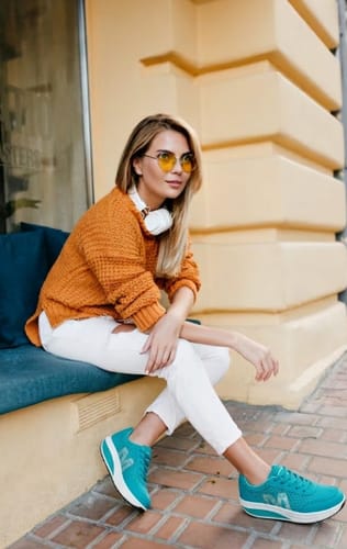 Reviewer sitting on an outdoor ledge wearing stylish teal Cloud Lift shoes with white soles.