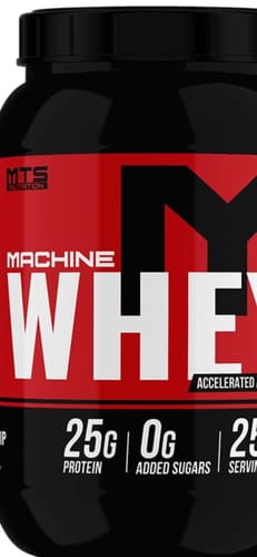 Customer's close-up of the Machine Whey protein label, showing 25g of protein and 0g of added sugars per serving.