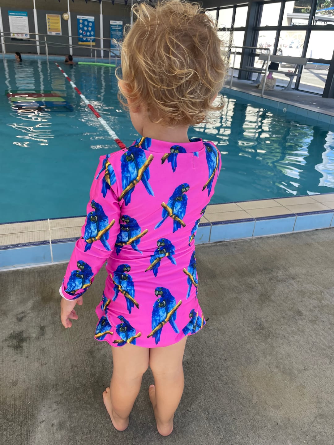 Customer photo review of PREORDER Fluro Macaw Girls Long Sleeve Zip Swimmers (Ships w/c 23rd Feb)