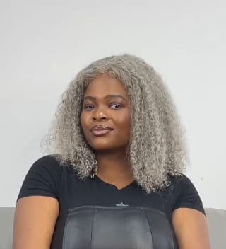 Customer photo review of Luvwin 5x5 Deep Curly Salt And Pepper Glueless Gray Color Pre-Cut Lace Bob Wig