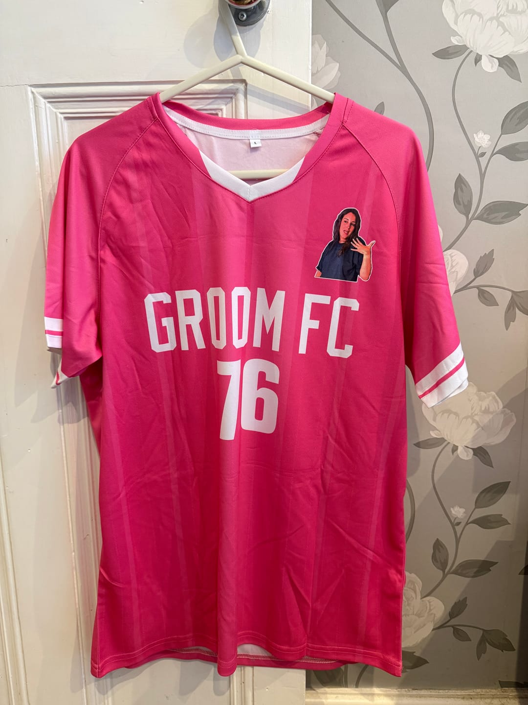 Customer photo review of Custom Pink Classic Striped Personalized Football Kit Jersey