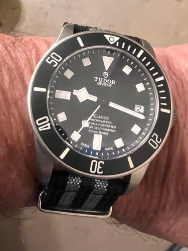 Customer's close-up of the black and gray striped Ribbed Mako FN strap on their Tudor Pelagos watch.