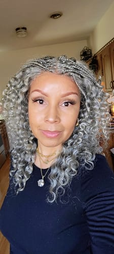 Customer photo review of Luvwin 13x4 Lace Salt And Pepper Boho Braided Curly Wigs  100% Human Hair