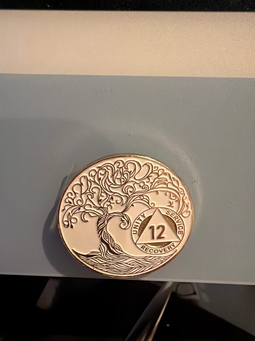 Customer photo review of 12 Year Sobriety Mint Twisted Tree of Life Gold Plated AA Recovery Medallion - Twelve Year Chip/Coin - White