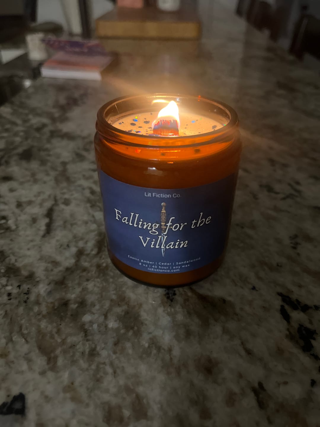 Customer photo review of Falling for the Villain – Fantasy Book Lover Candle | Amber Vanilla Leather Blend