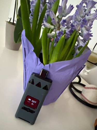Customer's black AirVape X in a gray silicone sleeve. The device's screen is lit, and it rests against purple flowers.