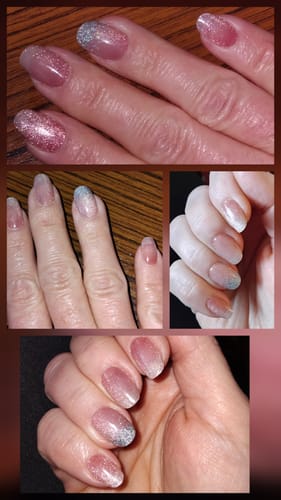 Bewertung von Kundin: eine Collage ihrer manikürten Hände mit dem glitzernden Rosé CatEye UV-Gel.