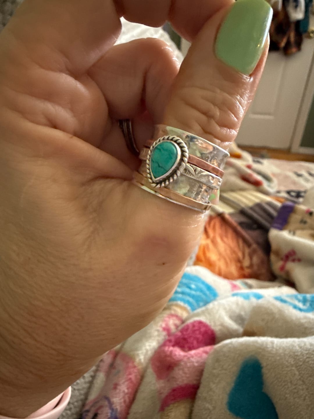 Customer photo review of Teardrop Turquoise Fidget Ring Sterling Silver