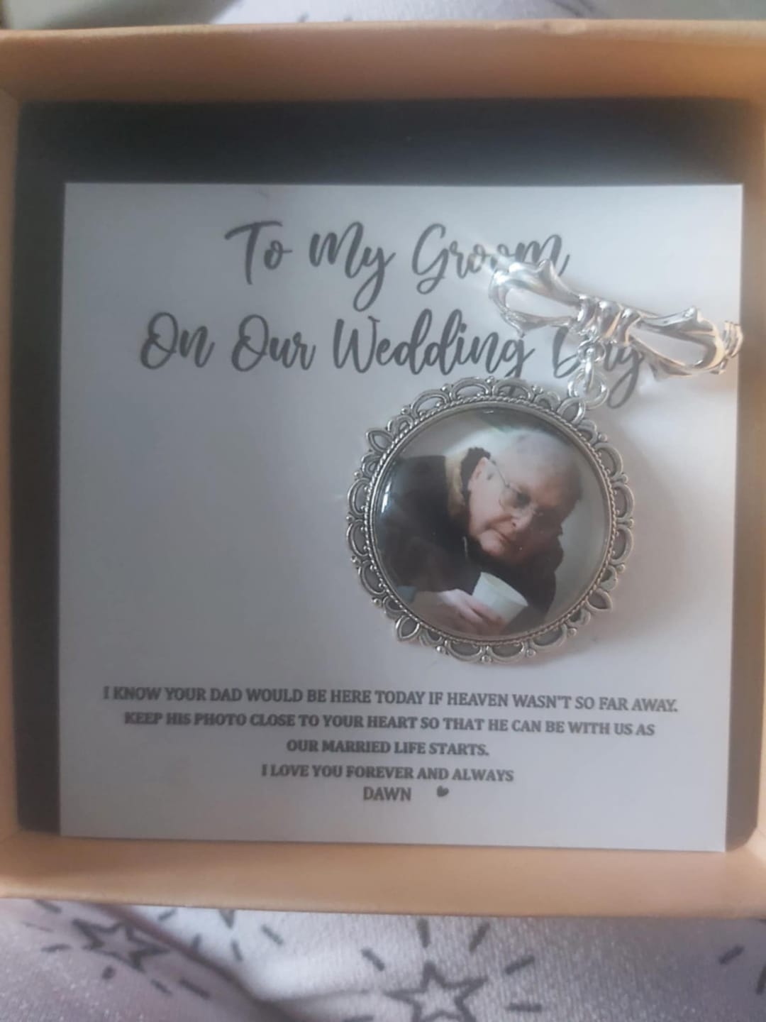 Customer photo review of Keep Photo Close To Your Heart - Custom Memorial Photo Personalized Bow Pin - Wedding Gift For Groom, Bride