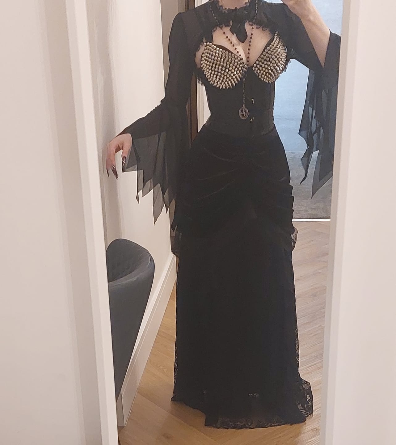 Customer photo review of Lace long sleeve off shoulder velvet maxi dress