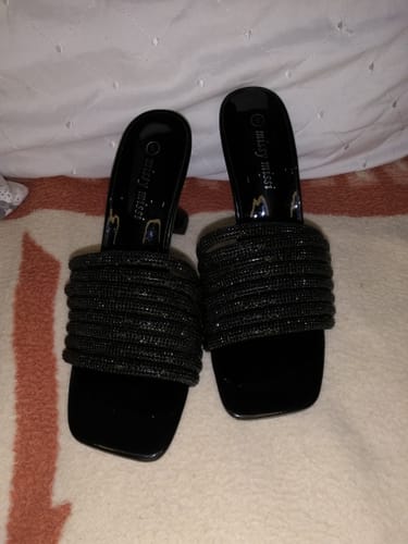 Customer's pair of black square toe Pushing Sandals with sparkling rhinestone straps, seen from an overhead view.