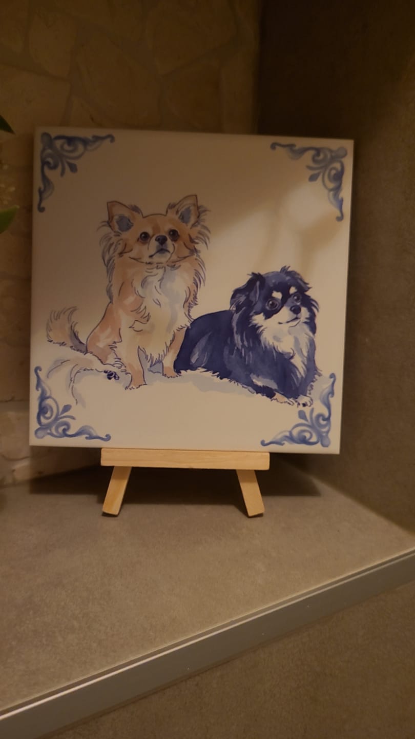 Customer photo review of Delfts Blauw tegeltje bedrukken met jouw eigen huisdier