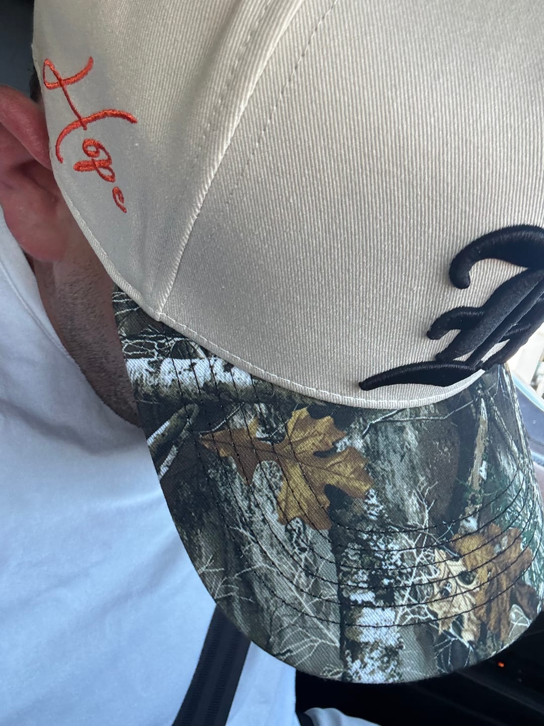Customer photo review of Cream & Camo Brim Hat