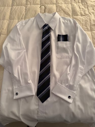 Customer photo review of Black Blue White Striped Men's Necktie Pocket Square Cufflinks Set