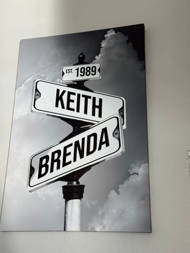 Customer's black-and-white 'Couples Date of Love' canvas, personalized with street signs for 'Keith', 'Brenda', and 'EST. 1989'.