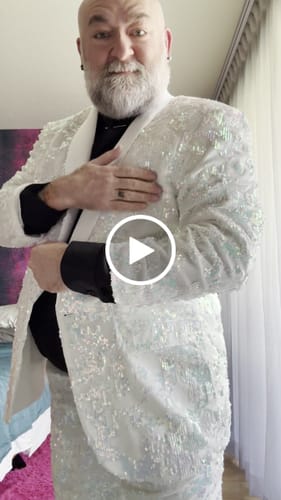 Customer video review of Men's 2-Piece Shawl Lapel in Satin Blue and White Sequin Tuxedo