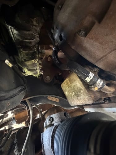 Reviewer's view of the black SPE Upgraded Oil Cooler Hose installed in a vehicle's undercarriage.