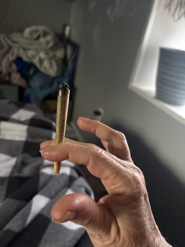 Reviewer holding a lit White Runtz Pre-Roll as it burns evenly.