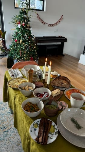 Customer photo review of Moss Green Linen Tablecloth