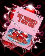 Reviewer's promotional image of the VALENTINES GIFT CARD with 'GET YOURSELF A NEW CAR' text on a pink card.