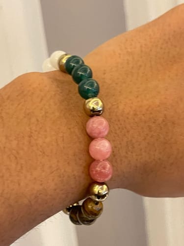Customer photo review of Dhan Vriddhi Crystal Bracelet – Vastu Remedy for Wealth Attraction | Prosperity Energy Activator | Rose Quartz, Green Aventurine, White Quartz, Tiger's Eye, Red Carnelian & Golden Hematite | 8 mm Beads