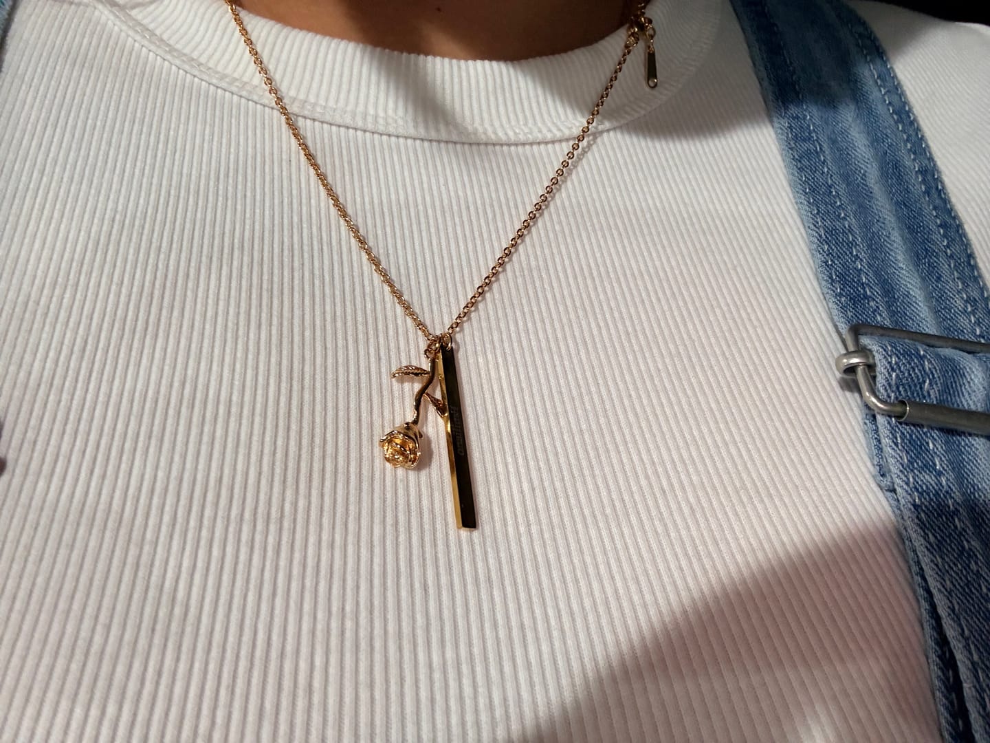 Customer photo review of Engraved Rose Bar Necklace