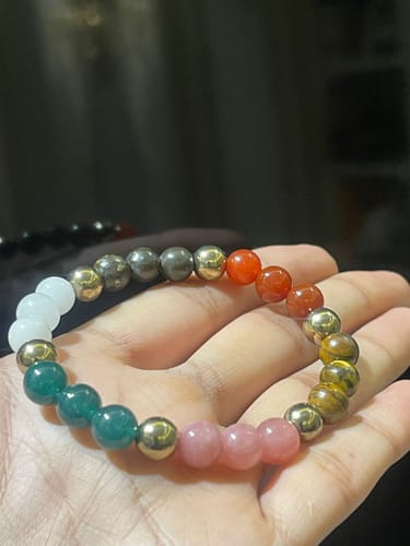 Customer photo review of Dhan Vriddhi Crystal Bracelet – Vastu Remedy for Wealth Attraction | Prosperity Energy Activator | Rose Quartz, Green Aventurine, White Quartz, Tiger's Eye, Red Carnelian & Golden Hematite | 8 mm Beads