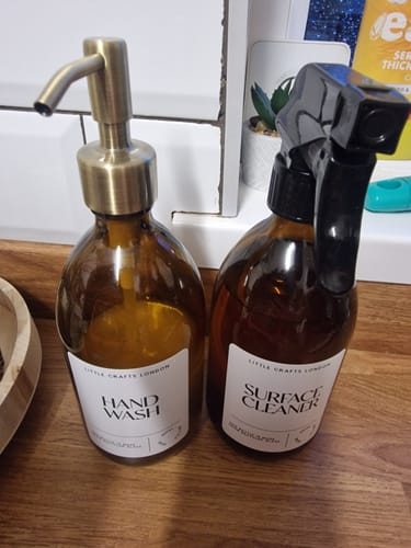 Customer photo review of 500ml Amber Glass Bottle with Metal Pump White Label