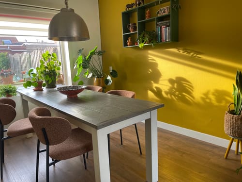 Recensent's roestkleurige by fonQ Tilt eetkamerstoelen opgesteld rond een houten eettafel in een zonnige eetkamer.