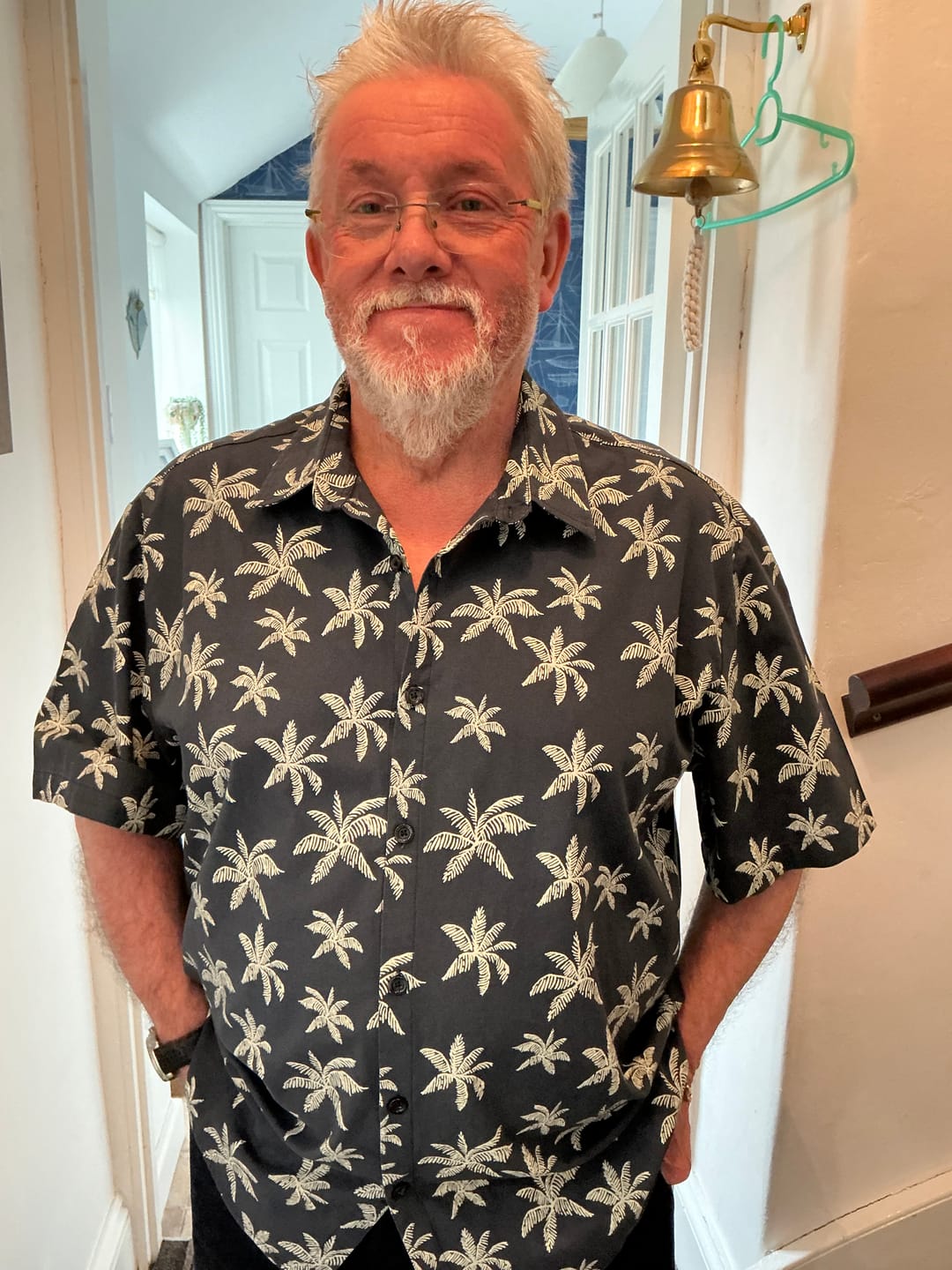Customer photo review of Men's Palm Tree Print Cotton Navy Blue Button Up Short Sleeve Hawaiian Shirt