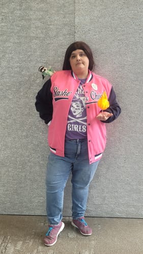 Customer photo review of Custom Pink Navy Full-Snap Varsity Raglan Sleeves Letterman Baseball Jacket