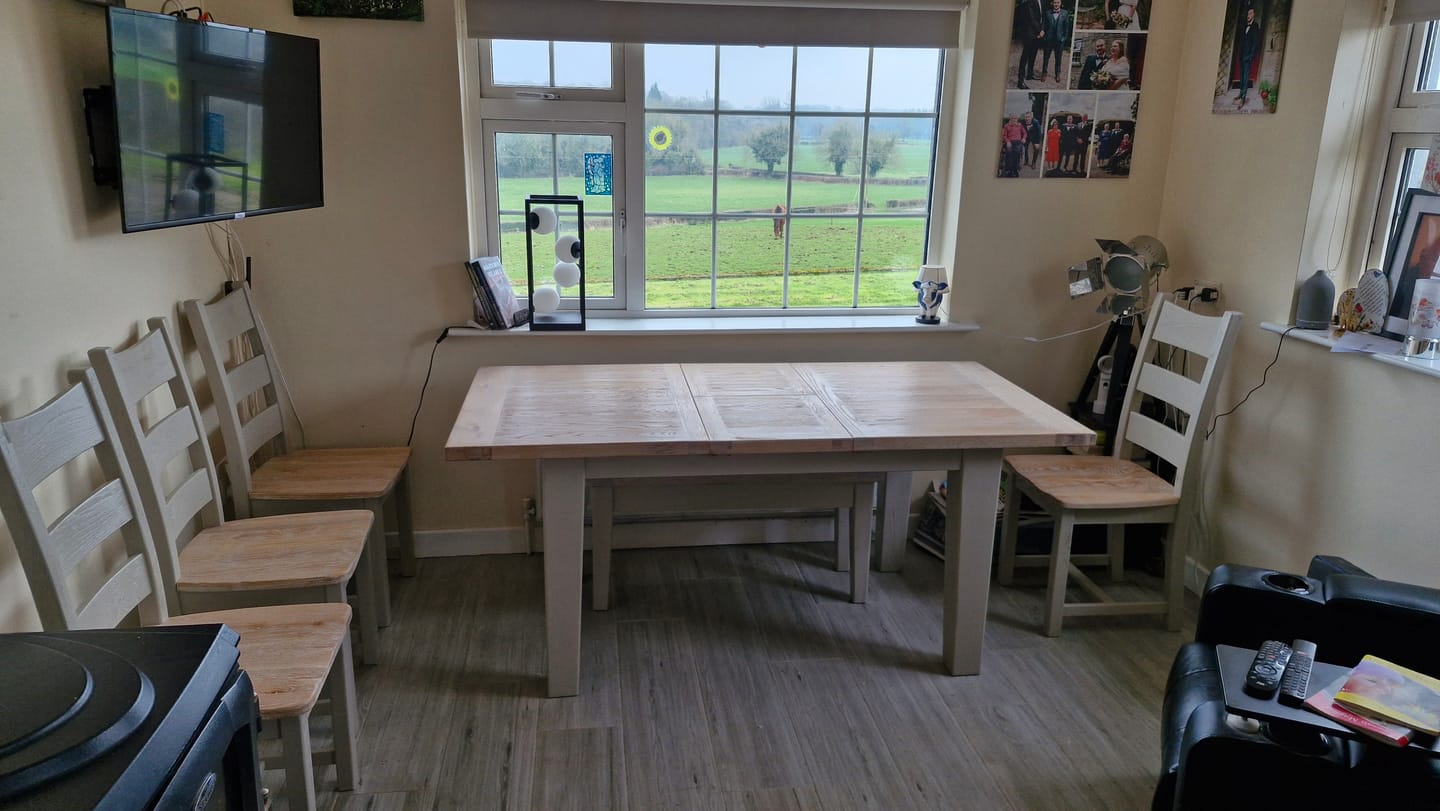 Customer photo review of Calgary Oak 1.4m Ext Dining Set painted Oyster with a Ciffa Finish