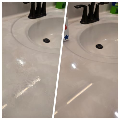 Customer's before and after image of a white bathroom counter, showing a smudged surface on the left and a shiny clean surface on the right.