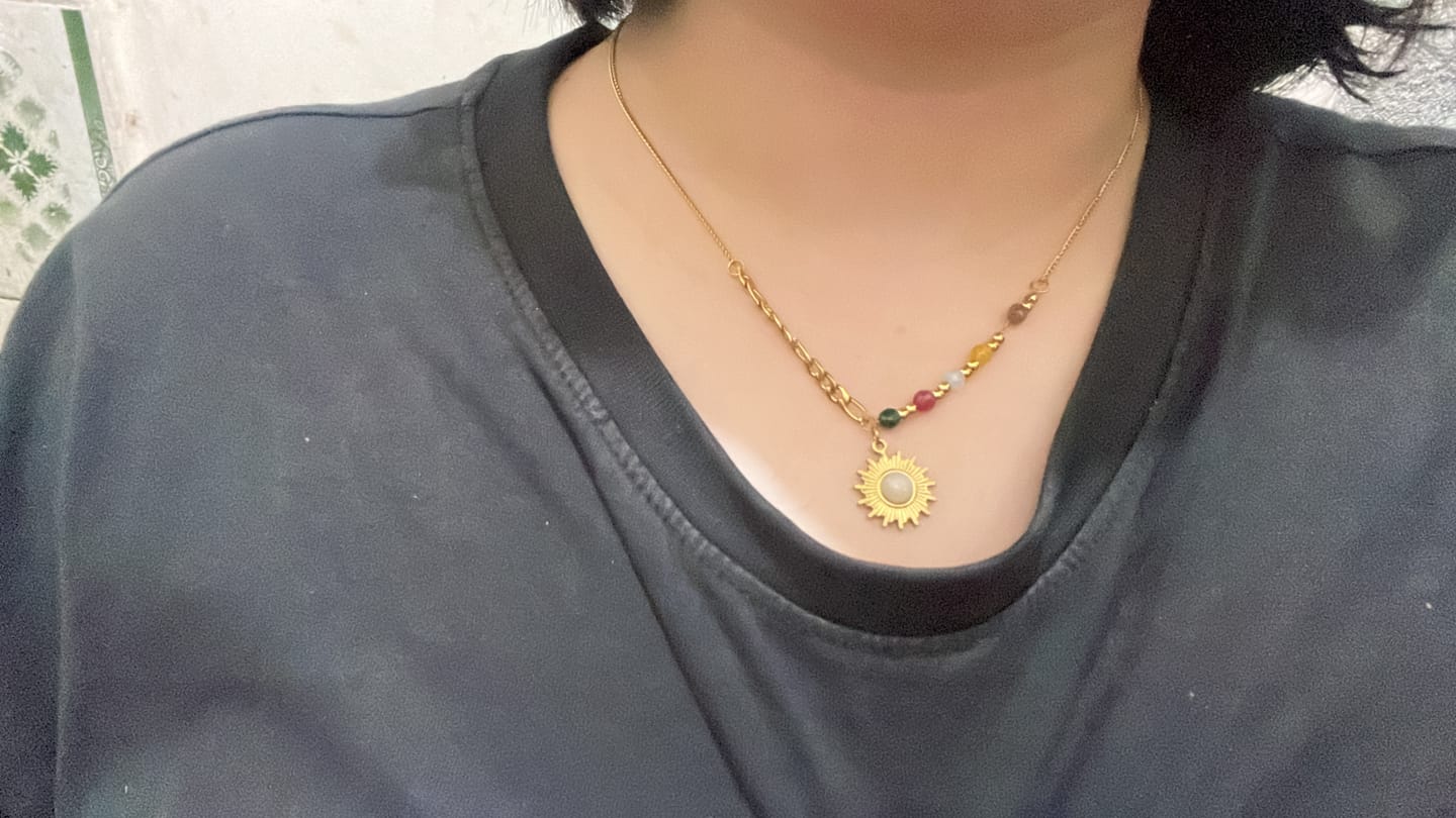 Customer photo review of Gold Sunburst Pendant Necklace with Multicolor Beads