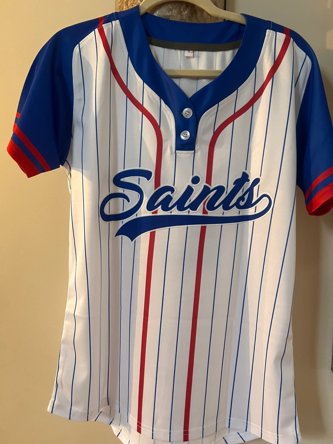 Customer photo review of Custom White Royal-Red Stripe Fashion Raglan Sleeves Authentic Two-Button Softball Jersey