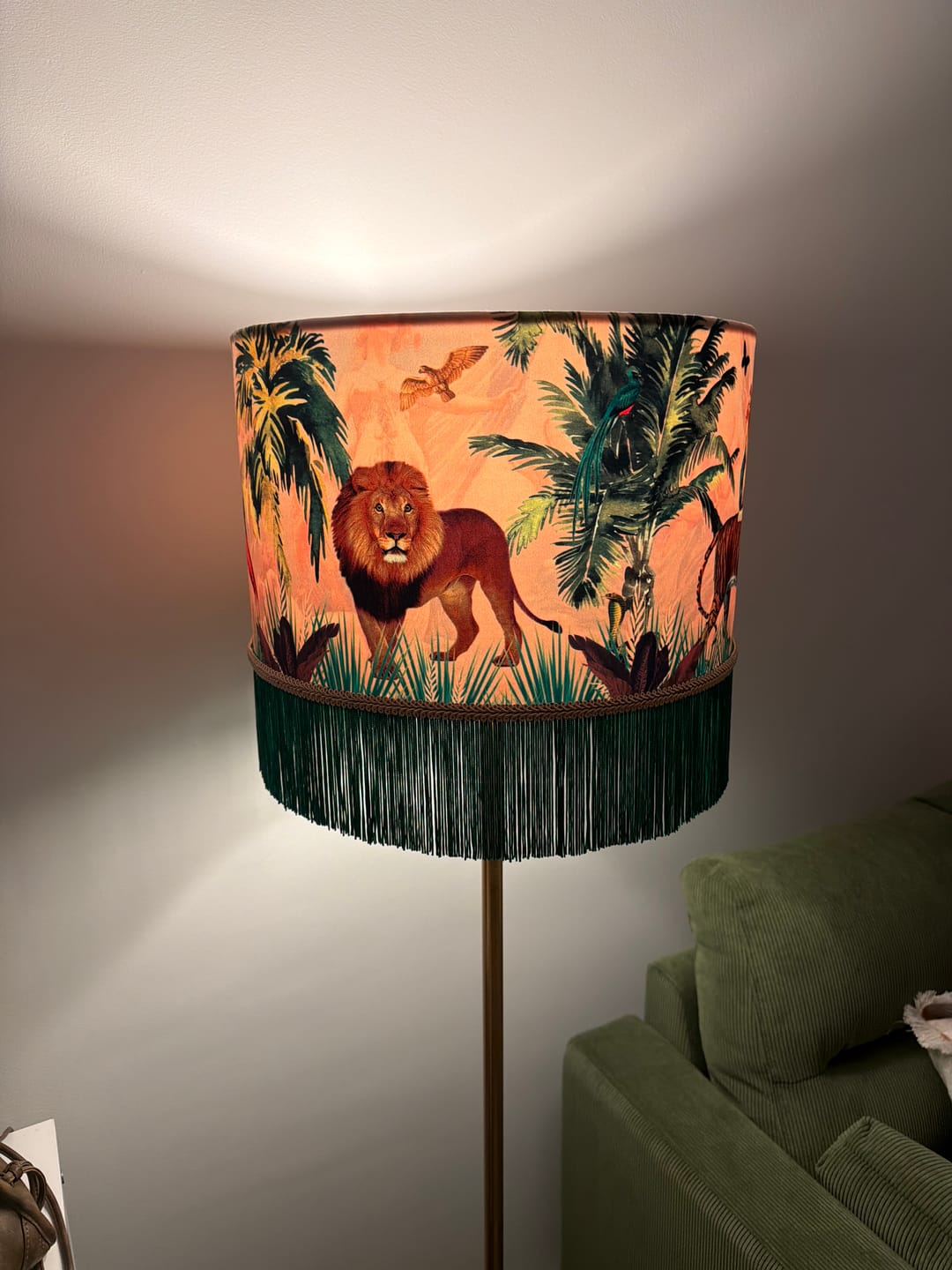 Customer photo review of Queen K Jungle Walk Pink Fringed Drum Lampshade