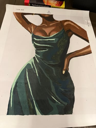 Customer's finished Elegant Lady Paint by Number canvas showing a woman in a stylish green dress.
